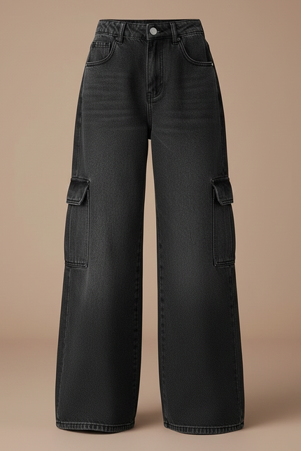 Pantalon Patte D'Éléphant Noir Denim Cargo Ample Décontracté - Jean - vue 3