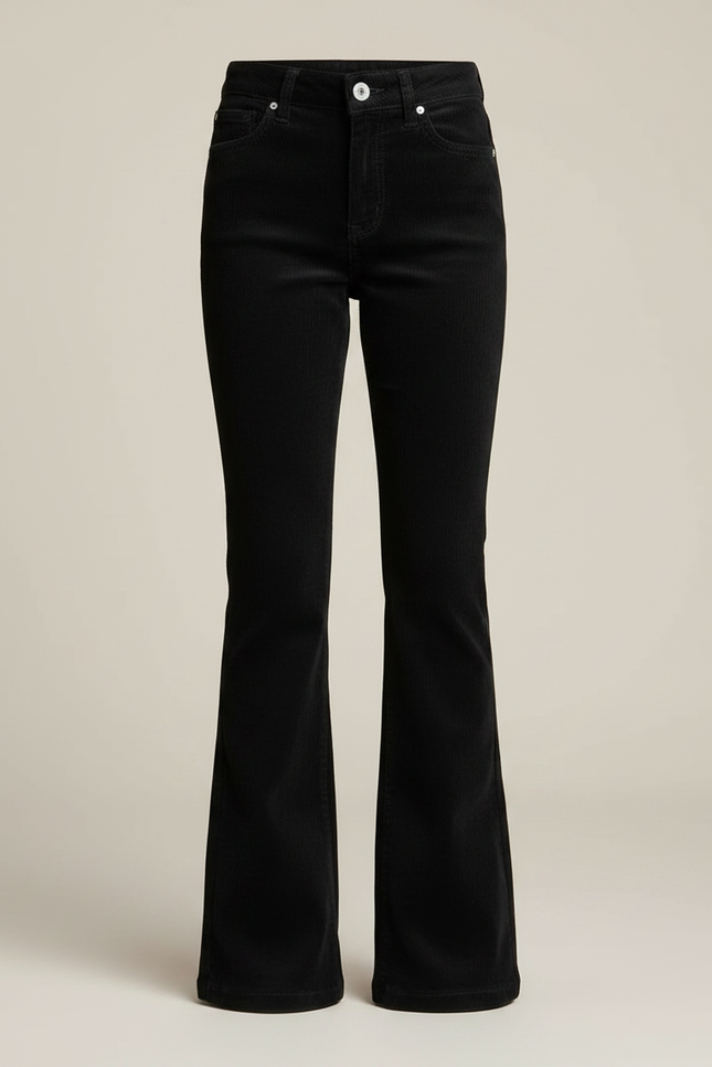 Pantalon Patte D'Éléphant Noir Côtelé Taille Haute Évasé Fille - Cordé - vue 3