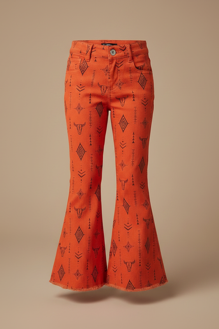 Pantalon Patte D'Éléphant Orange Imprimé Tribal Évasé Fille - Coton - vue 3