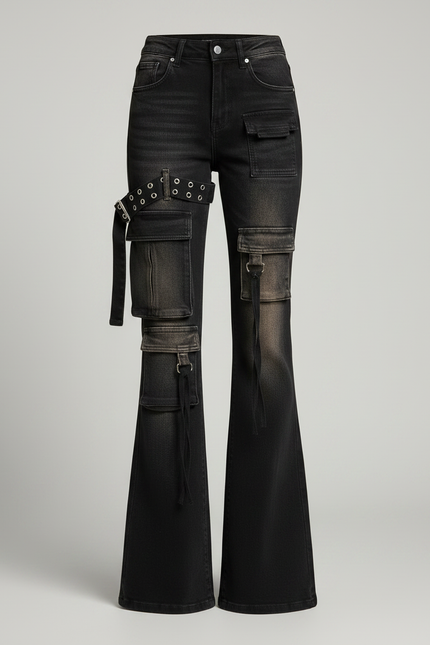 Pantalon Patte D'Éléphant Noir Délavé Cargo Ceinturé Évasé - Jean - vue 3