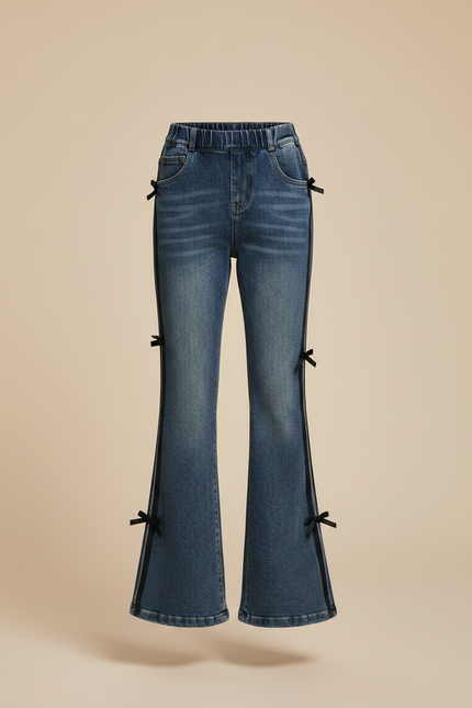 Pantalon Patte D'Éléphant Denim Bleu Nœuds Noirs Enfant - Jean - vue 3