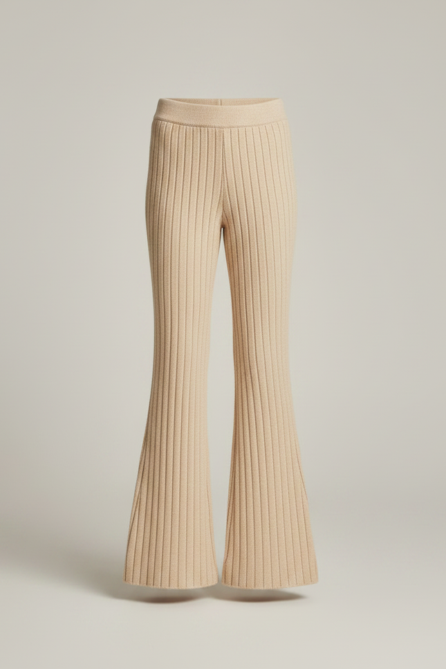 Pantalon Patte D'Éléphant Beige Tricot Côtelé Évasé Confortable - Maille - vue 3