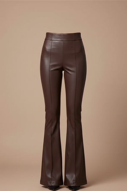Pantalon Patte D'Éléphant Marron Simili Cuir Taille Haute Élégant - vue 3