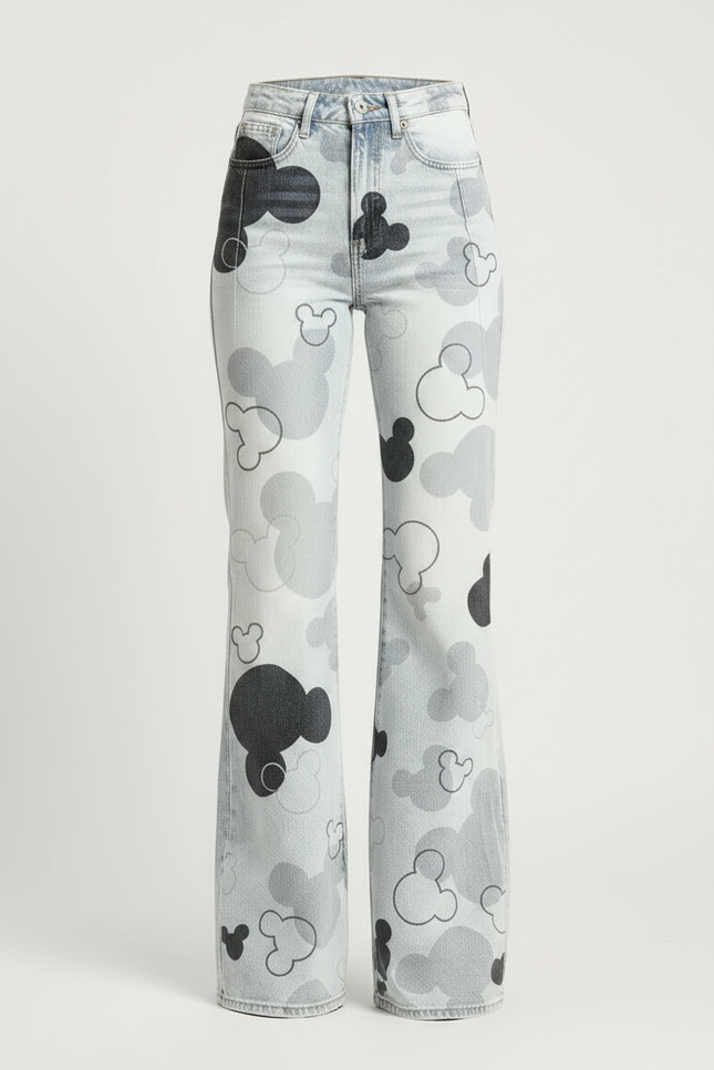 Pantalon Patte D'Éléphant Imprimé Mickey Délavé Taille Haute - Jean - vue 3