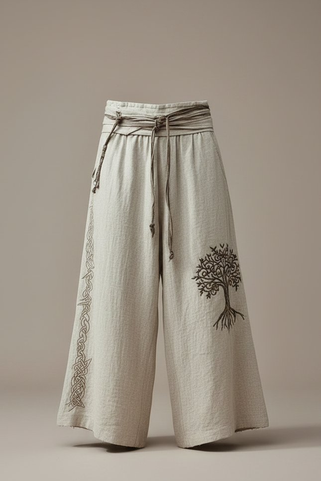 Pantalon Patte D'Éléphant Lin Brodé Arbre Celtique Ample - Beige - vue 3