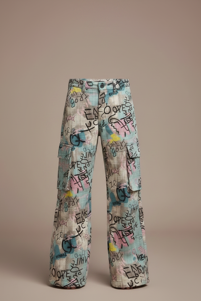 Pantalon Patte D'Éléphant Graffiti Coloré Ample Garçon Décontracté - Multicolore Lin - vue 3
