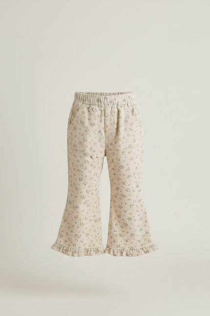 Pantalon Patte D'Éléphant Beige Fleuri Côtelé Volants Enfant - Imprimé Cordé - vue 3