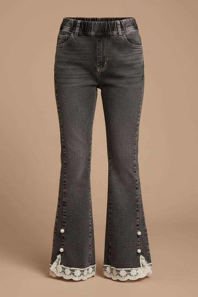 Pantalon Patte D'Éléphant Gris Dentelle Perles Fille - Jean - vue 3