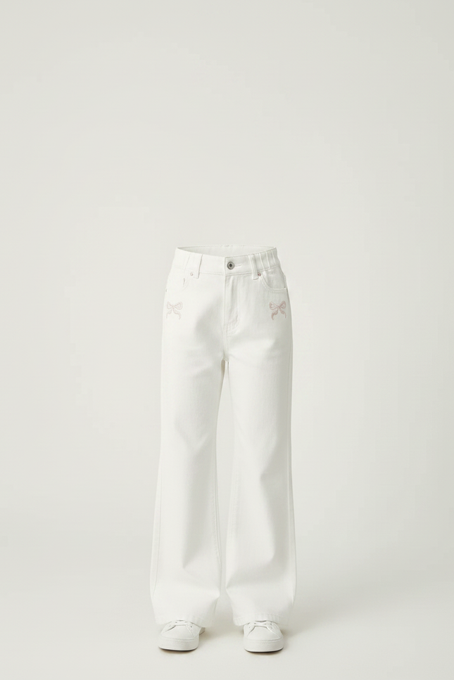 Pantalon Patte D'Éléphant Blanc Denim Large Nœuds Fille - Jean - vue 3