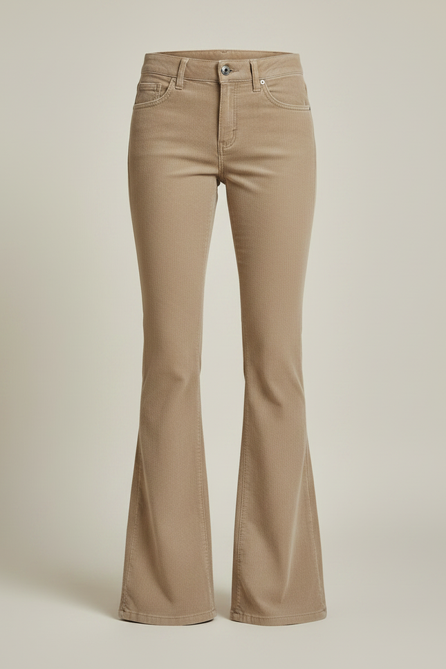 Pantalon Patte D'Éléphant Côtelé Beige Ajusté Évasé Rétro - Cordé - vue 3
