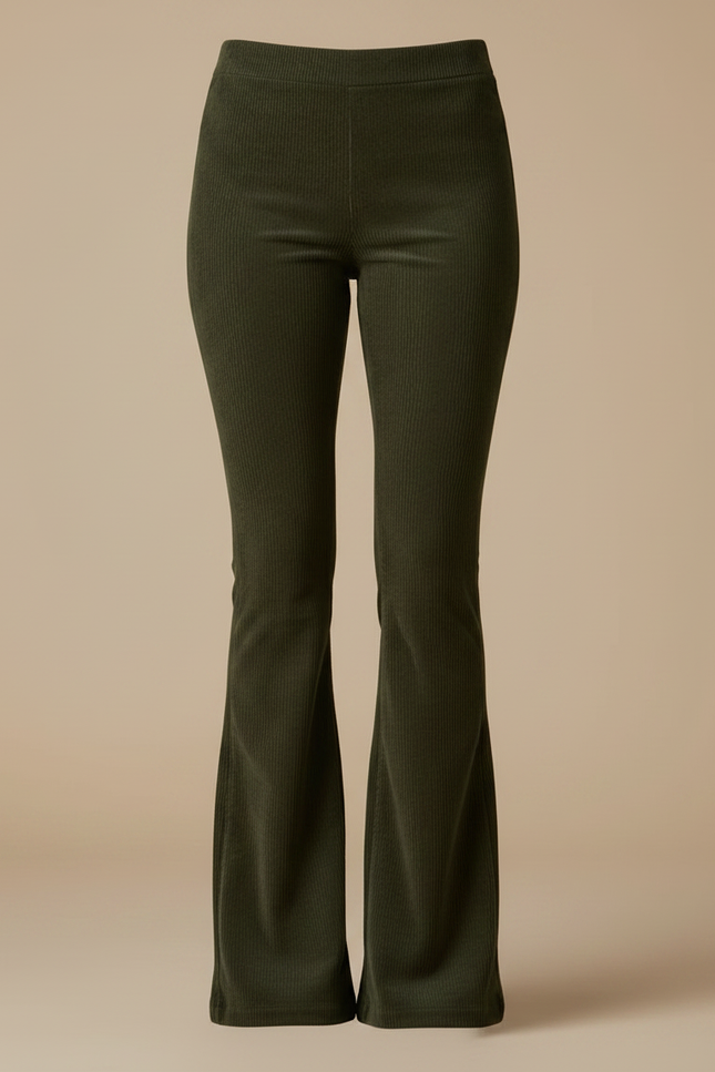 Pantalon Patte D'Éléphant Vert Olive Côtelé Taille Haute - Kaki Cordé - vue 3