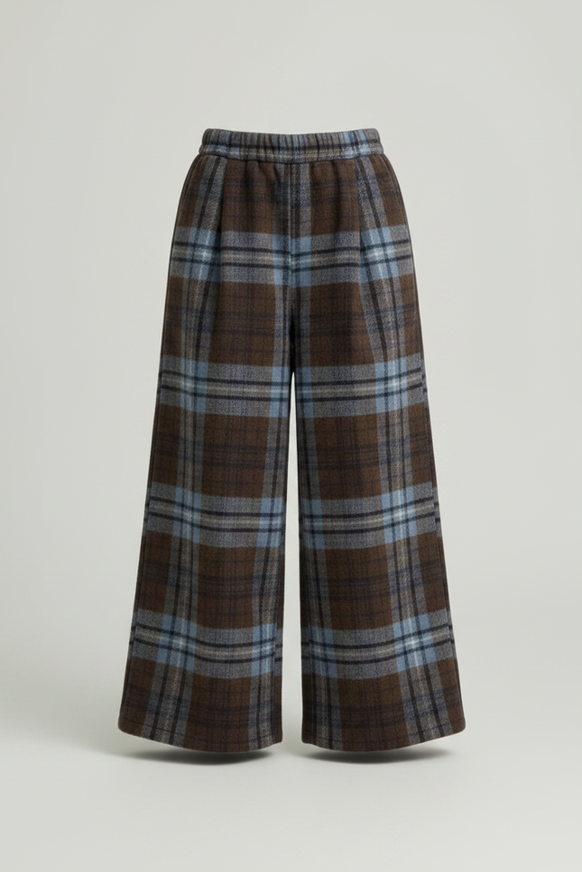 Pantalon Patte D'Éléphant Écossais Ample Chaud Marron Bleu - Multicolore Tweed - vue 3