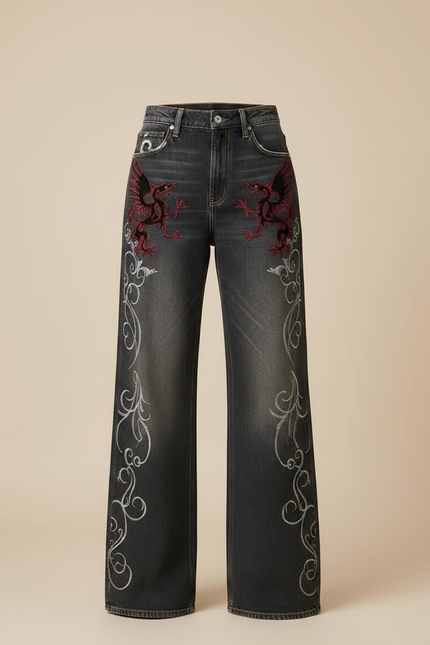 Pantalon Patte D'Éléphant Denim Noir Brodé Vintage Y2K - Jean - vue 3
