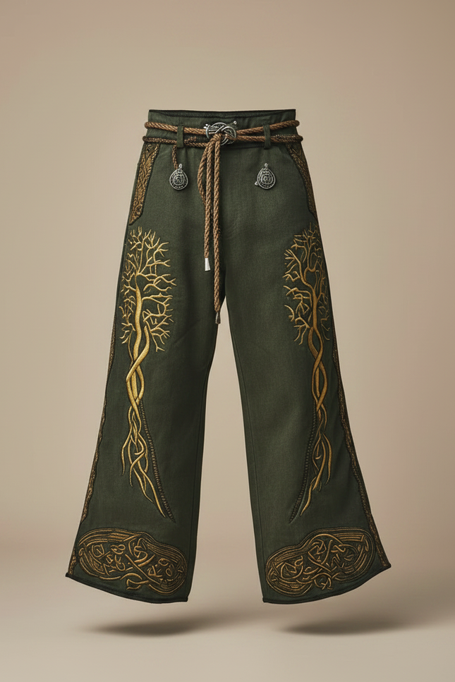 Pantalon Patte D'Éléphant Vert Brodé Arbre Celtique Ample - Cordé - vue 3