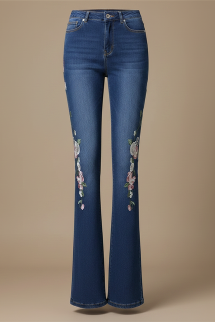 Pantalon Patte D'Éléphant Bleu Brodé Floral Vintage Stretch - Jean - vue 3