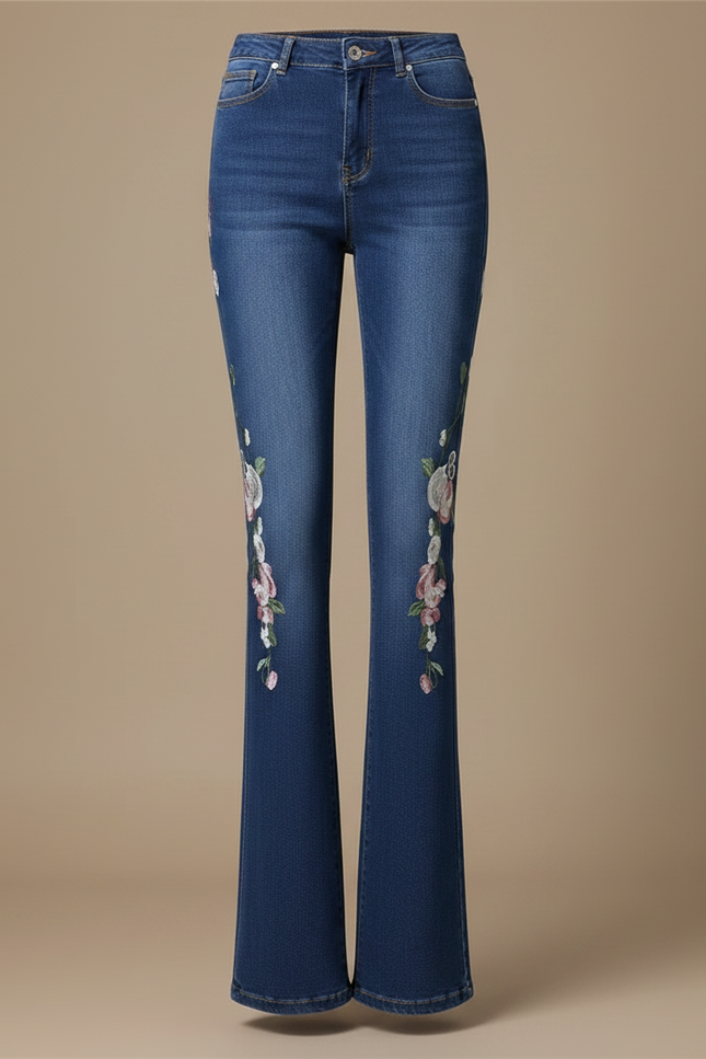 Pantalon Patte D'Éléphant Bleu Brodé Floral Vintage Stretch - Jean - vue 3