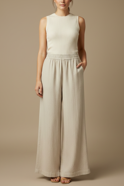 Pantalon Patte D'Éléphant Beige Lin Ample Léger Décontracté - vue 3