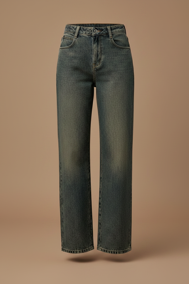 Pantalon Patte D'Éléphant Jean Délavé Taille Haute Large - Kaki - vue 3