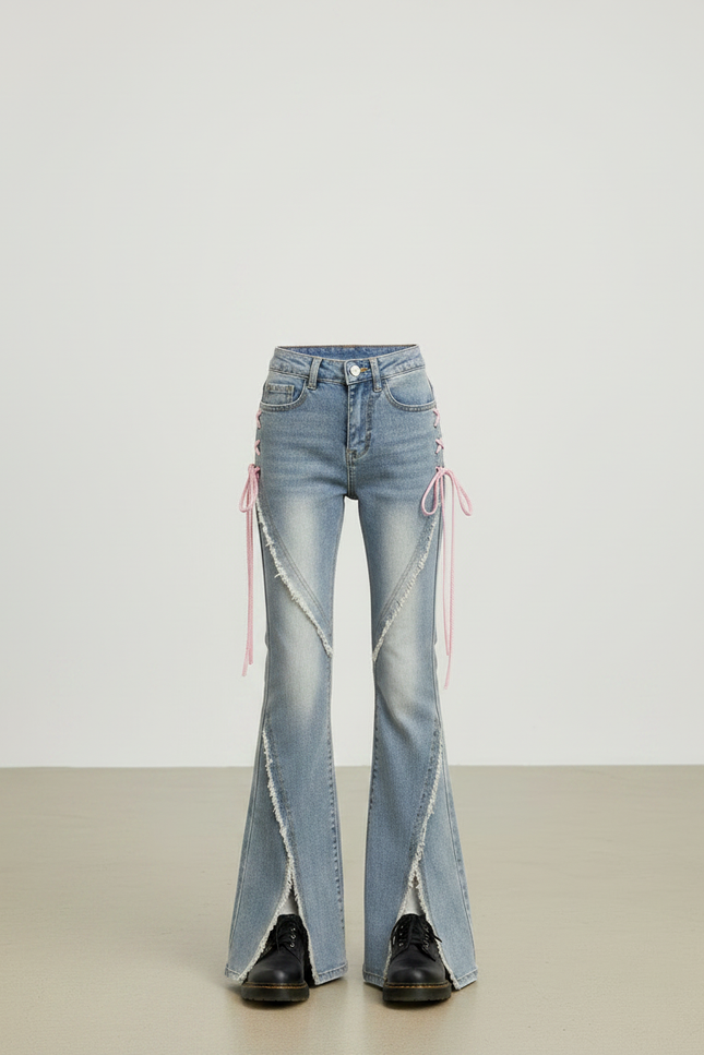 Pantalon Patte D'Éléphant Jean Évasé Lacets Roses Y2K - Bleu - vue 3