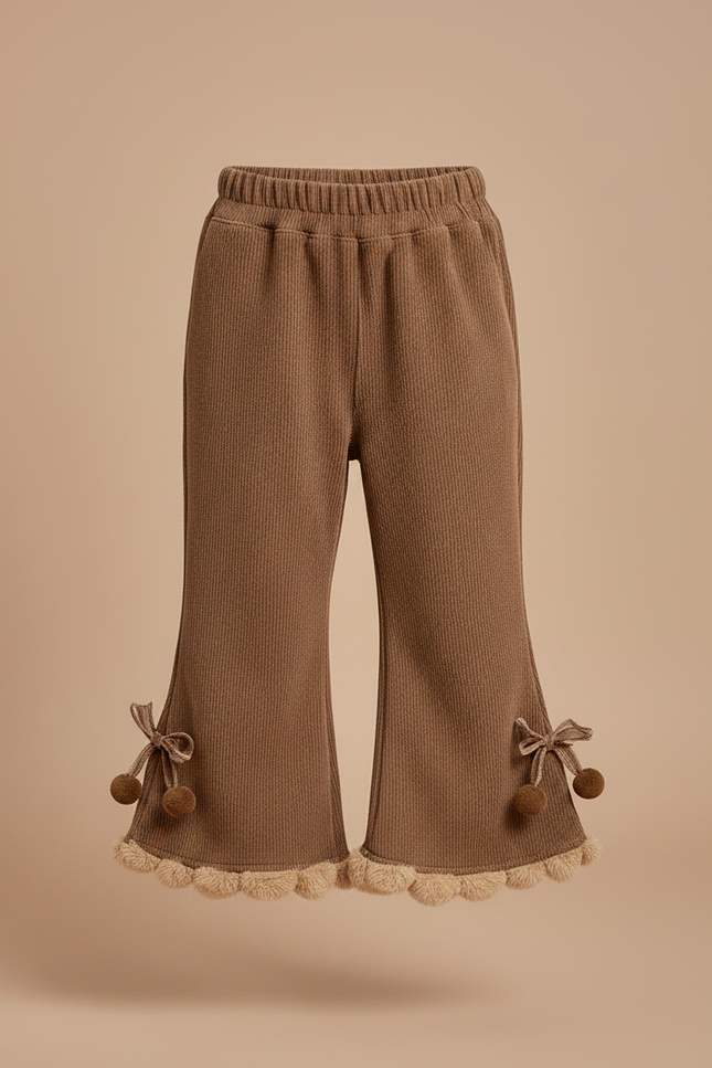 Pantalon Patte D'Éléphant Marron Côtelé Pompons Fille Confortable - Cordé - vue 3