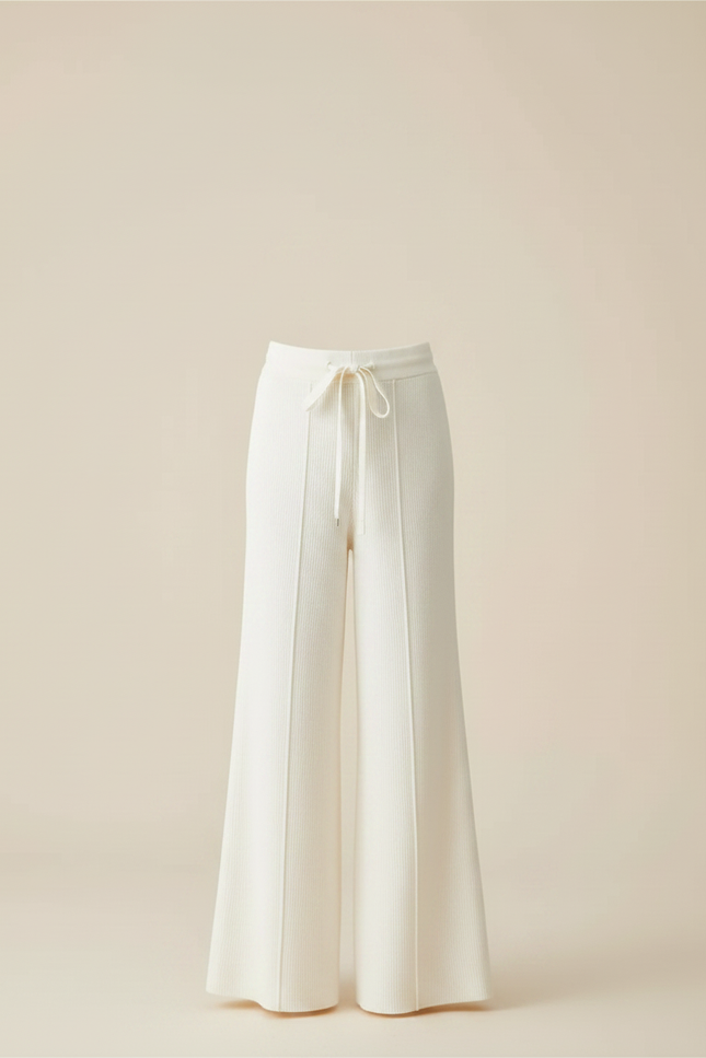 Pantalon Patte D'Éléphant Écru Tricot Côtelé Confortable Cordon - Blanc Maille - vue 3