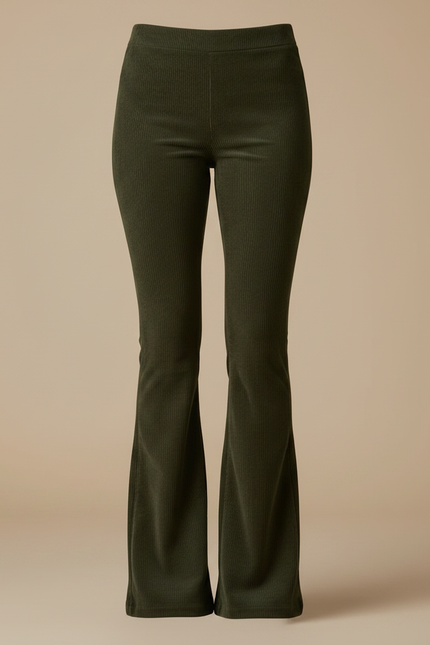 Pantalon Patte D'Éléphant Vert Olive Côtelé Taille Haute - Kaki Cordé - vue 3
