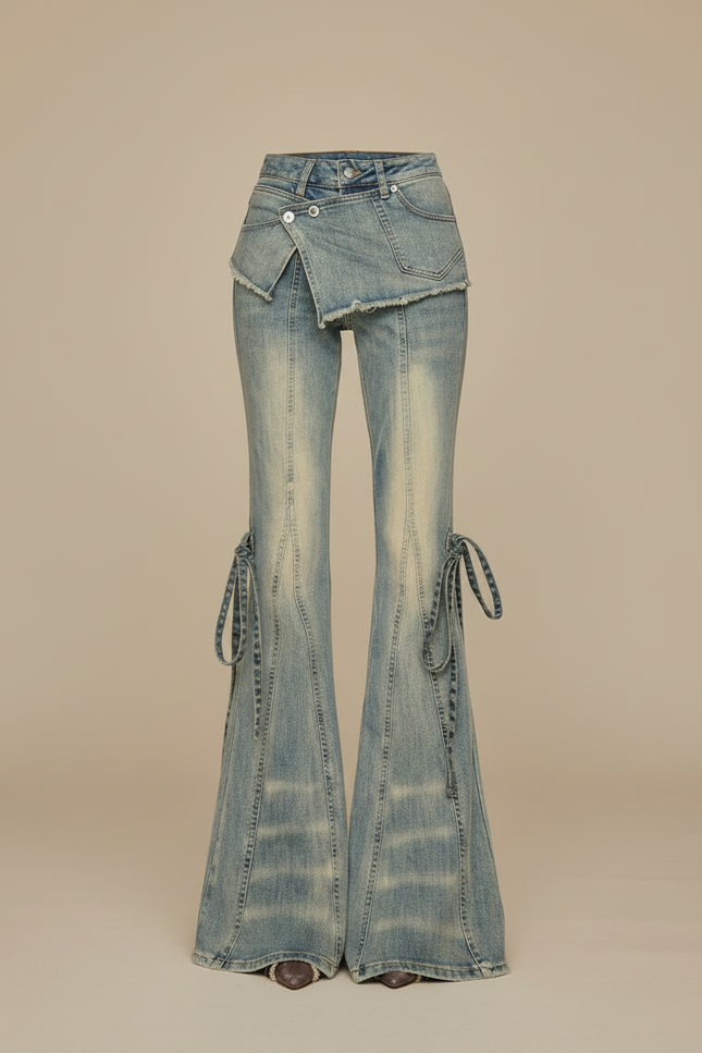Pantalon Patte D'Éléphant Jean Délavé Taille Basse Évasé - Bleu - vue 3