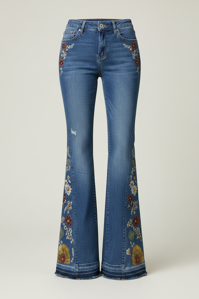 Pantalon Patte D'Éléphant Jean Bleu Brodé Floral Vintage Évasé - vue 3