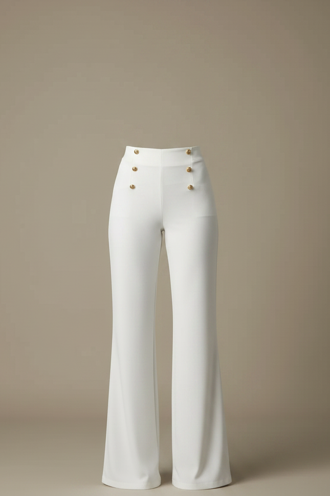 Pantalon Patte D'Éléphant Blanc Taille Haute Boutons Dorés Élégant - Polyester - vue 3