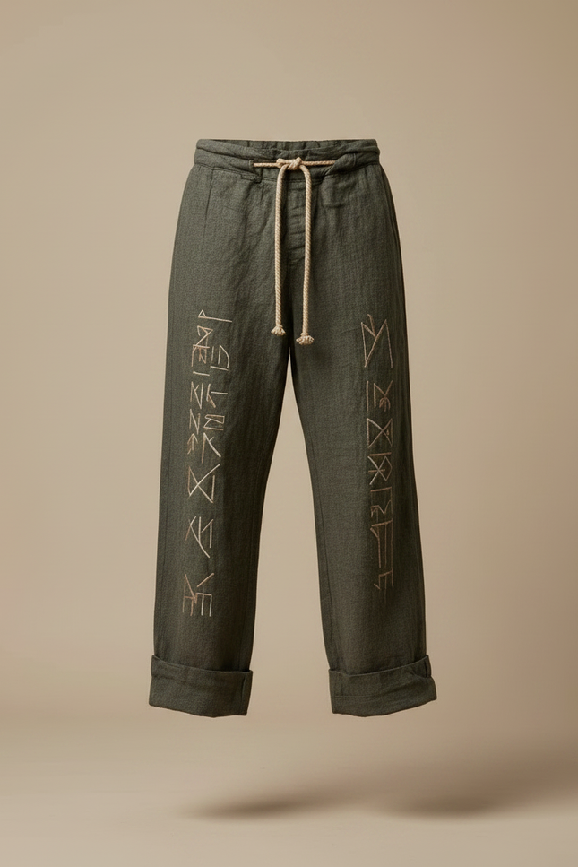 Pantalon Patte D'Éléphant Kaki Lin Brodé Ethnique Ample - vue 3