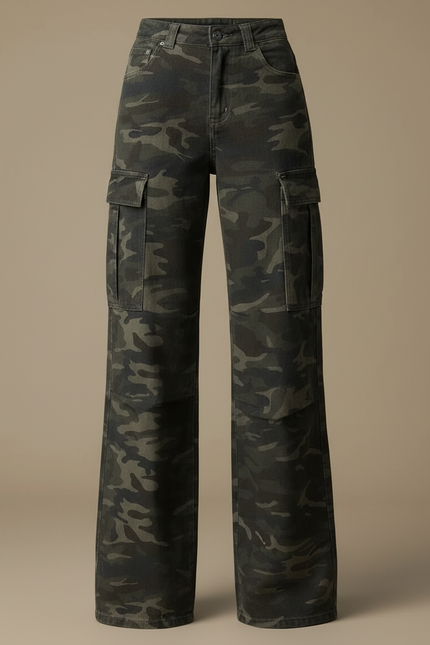 Pantalon Patte D'Éléphant Camouflage Cargo Ample Taille Haute - Kaki Toile - vue 3