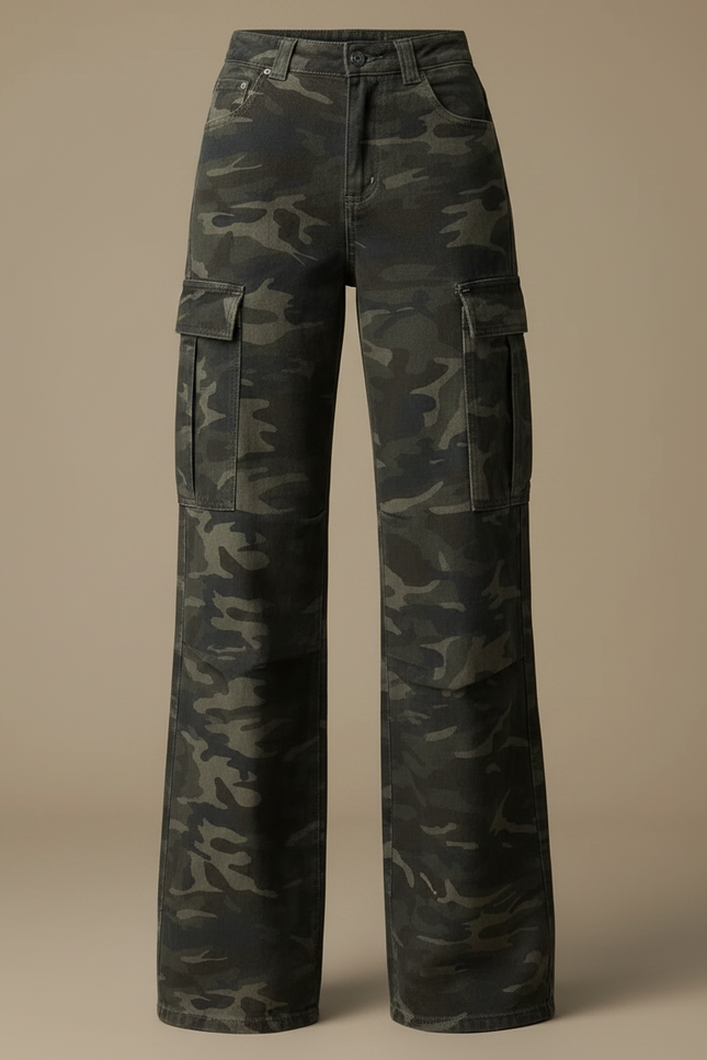 Pantalon Patte D'Éléphant Camouflage Cargo Ample Taille Haute - Kaki Toile - vue 3
