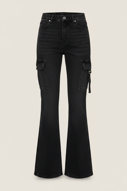Pantalon Patte D'Éléphant Noir Cargo Évasé Ajusté Homme - Jean - vue 3