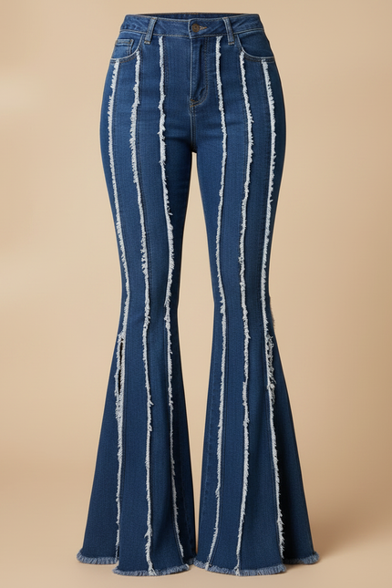 Pantalon Patte D'Éléphant Jean Bleu Franges Fendu Taille Haute - vue 3