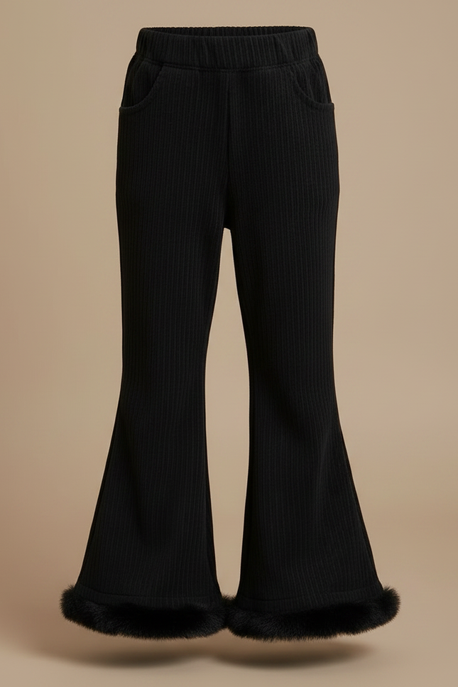 Pantalon Patte D'Éléphant Noir Côtelé Fourrure Chaud Fille - Cordé - vue 3