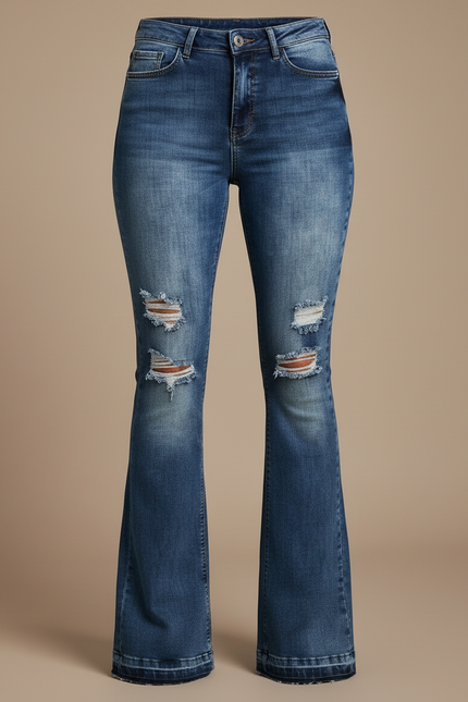 Pantalon Patte D'Éléphant Jean Délavé Déchiré Taille Haute Femme - Bleu - vue 3
