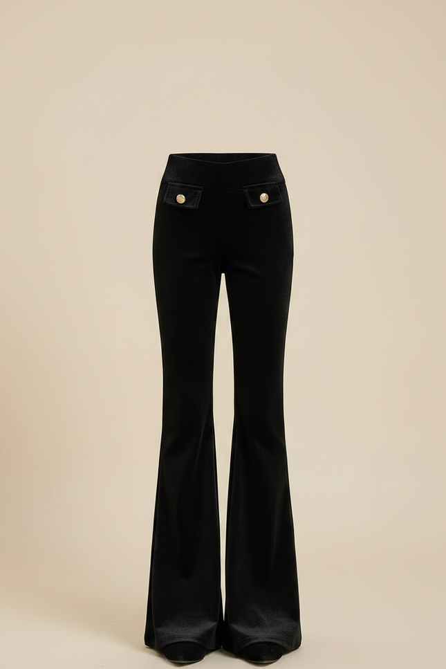 Pantalon Patte D'Éléphant Noir Velours Évasé Boutons Dorés - vue 3