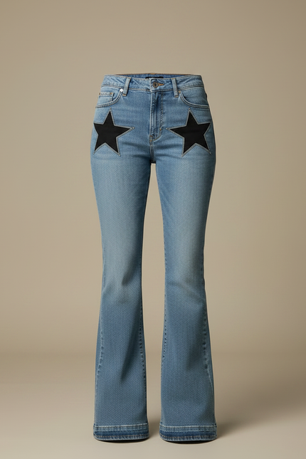 Pantalon Patte D'Éléphant Jean Bleu Étoiles Noires Évasé Femme - vue 3