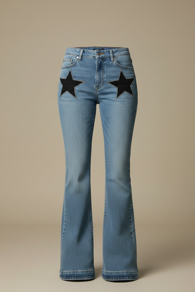Pantalon Patte D'Éléphant Jean Bleu Étoiles Noires Évasé Femme - vue 3