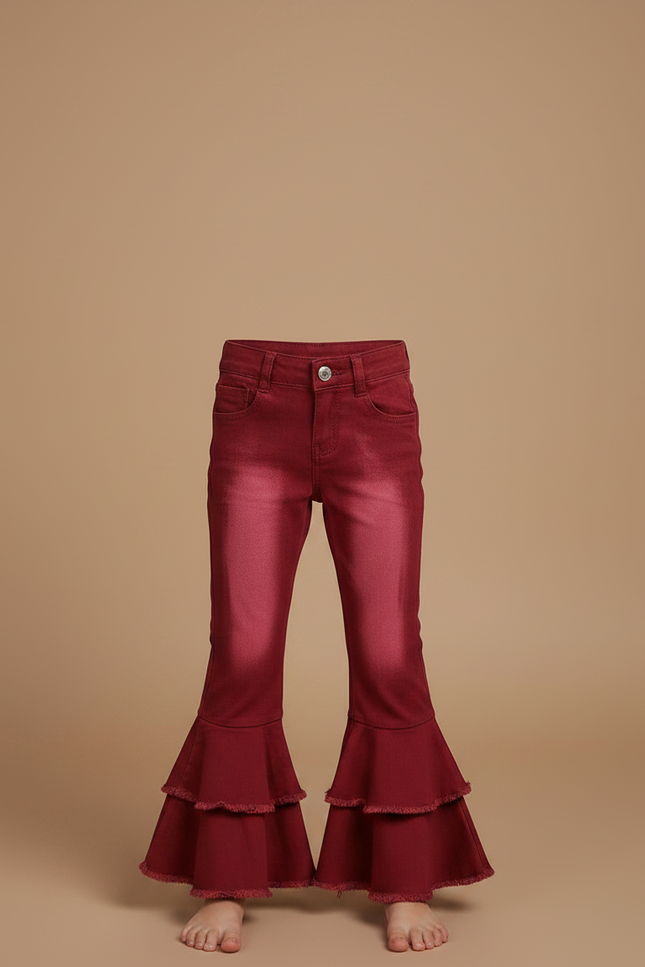 Pantalon Patte D'Éléphant Rouge Volants Denim Enfant Fille - Bordeaux Jean - vue 3
