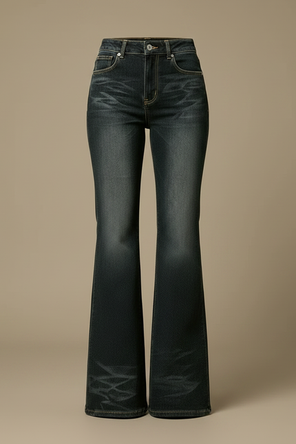 Pantalon Patte D'Éléphant Jean Évasé Taille Haute Délavé - Marine - vue 3