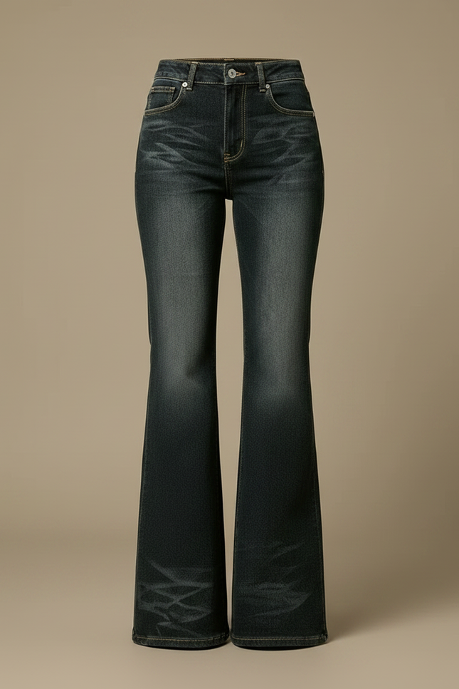 Pantalon Patte D'Éléphant Jean Évasé Taille Haute Délavé - Marine - vue 3