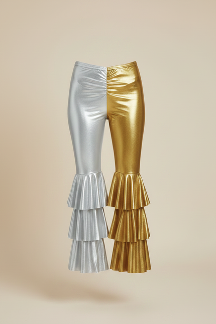 Pantalon Patte D'Éléphant Métallique Bicolore Volants Disco - Doré Polyester - vue 3