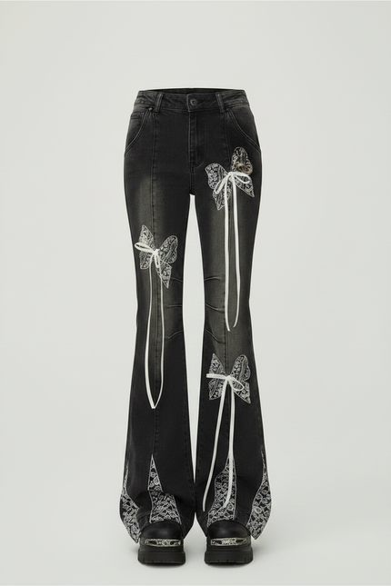 Pantalon Patte D'Éléphant Noir Délavé Lacets Imprimé Papillon - Jean - vue 3