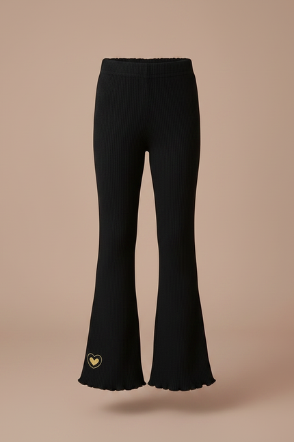 Pantalon Patte D'Éléphant Noir Côtelé Évasé Cœur Fille - Maille - vue 3