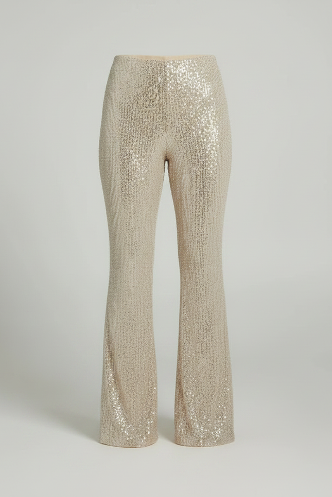 Pantalon Patte D'Éléphant Pailleté Beige Évasé Taille Haute Brillant - Doré Polyester - vue 3