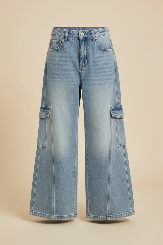 Pantalon Patte D'Éléphant Large Cargo Denim Bleu Enfant - Jean - vue 3