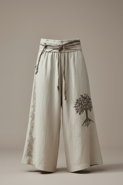 Pantalon Patte D'Éléphant Lin Brodé Arbre Celtique Ample - Beige - vue 3