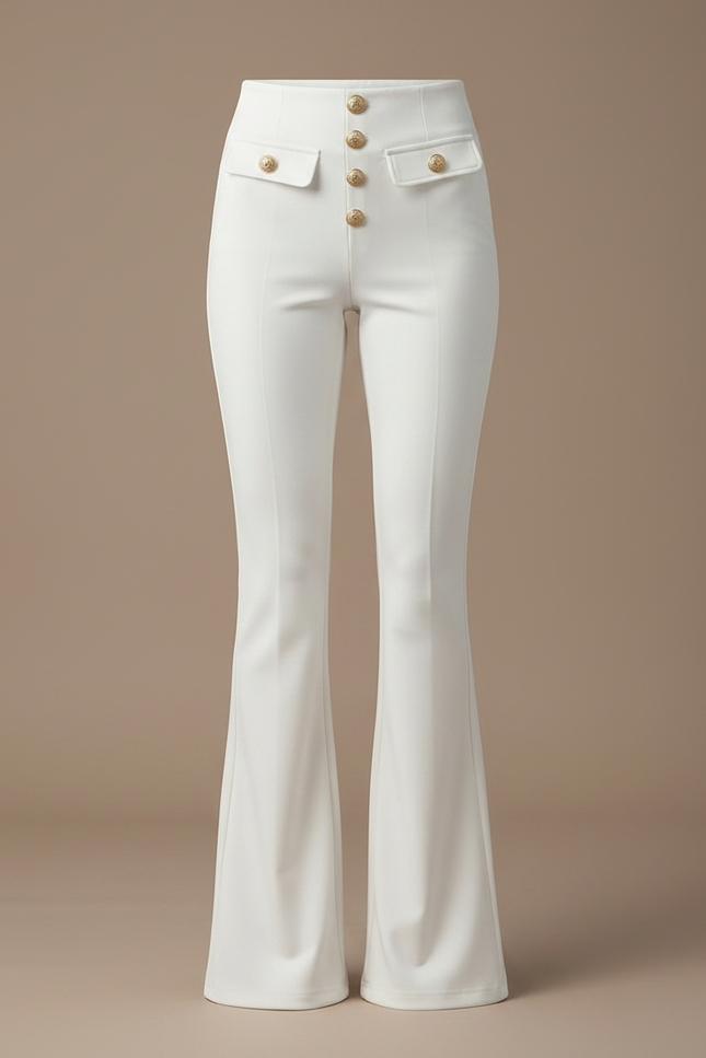 Pantalon Patte D'Éléphant Blanc Taille Haute Boutons Dorés Élégant Fluide - Polyester - vue 3