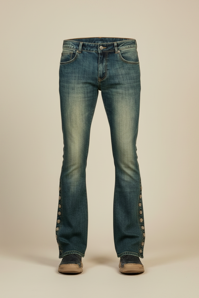 Pantalon Patte D'Éléphant Jean Bleu Boutons Latéraux Rétro - vue 3